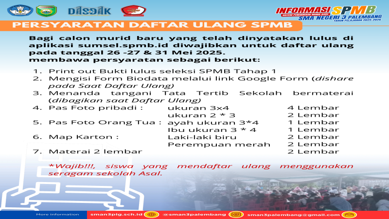 Syarat Daftar Ulang Seleksi SPMB SMAN 3 Palembang T.P. 2025/2026 Tahap 1
